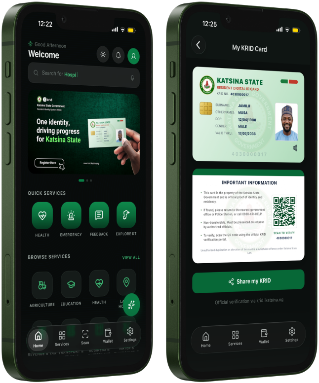 KRID mobile app showing the resident dashboard and digital ID card
